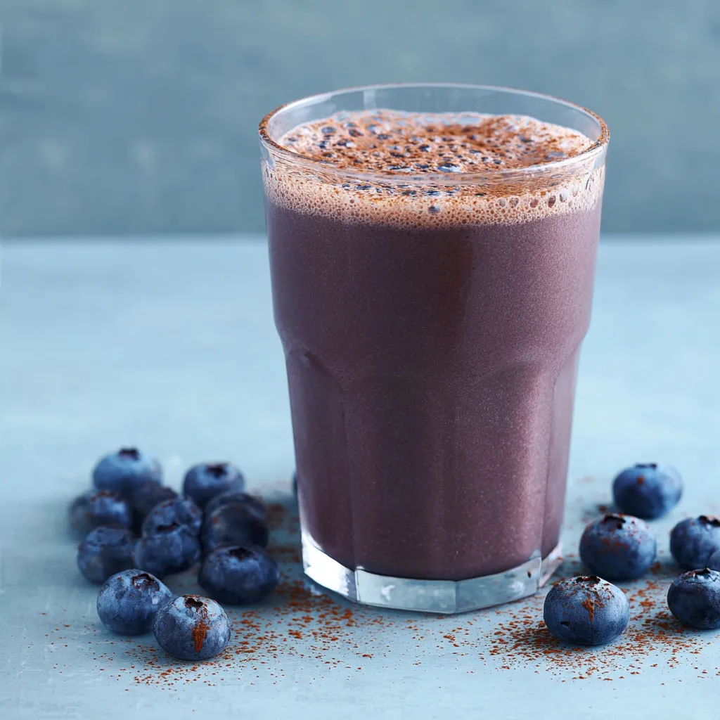Ein Glas mit Schokolade und Blaubeeren auf einem Tisch.