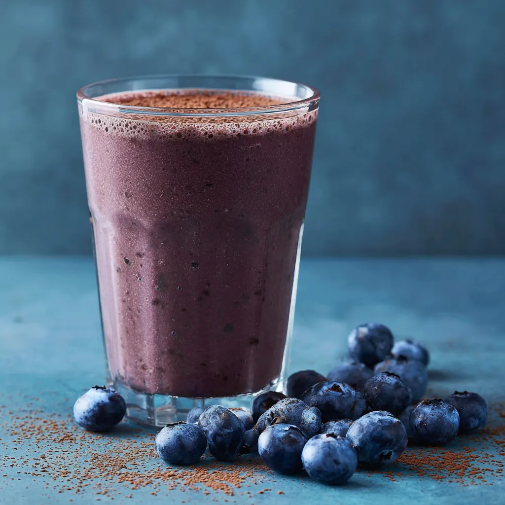 Ein Glas mit einer Schokoladenglasur, die mit Blaubeeren und Schokolade gefüllt ist.