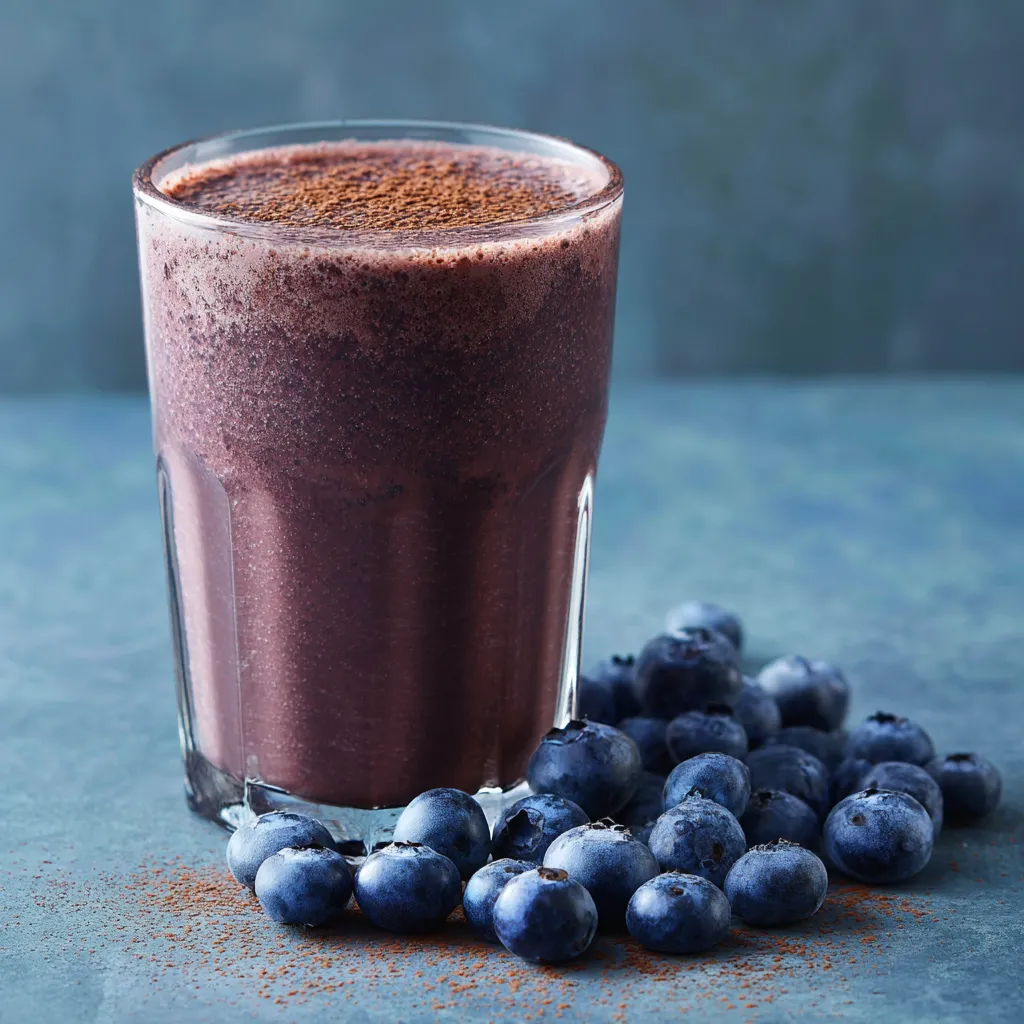 Ein Glas mit einer Schokoladenglasur, die mit Blaubeeren und Schokolade gefüllt ist.