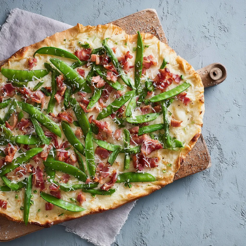 Eine pizza mit grünen Bohnen und Bacon.