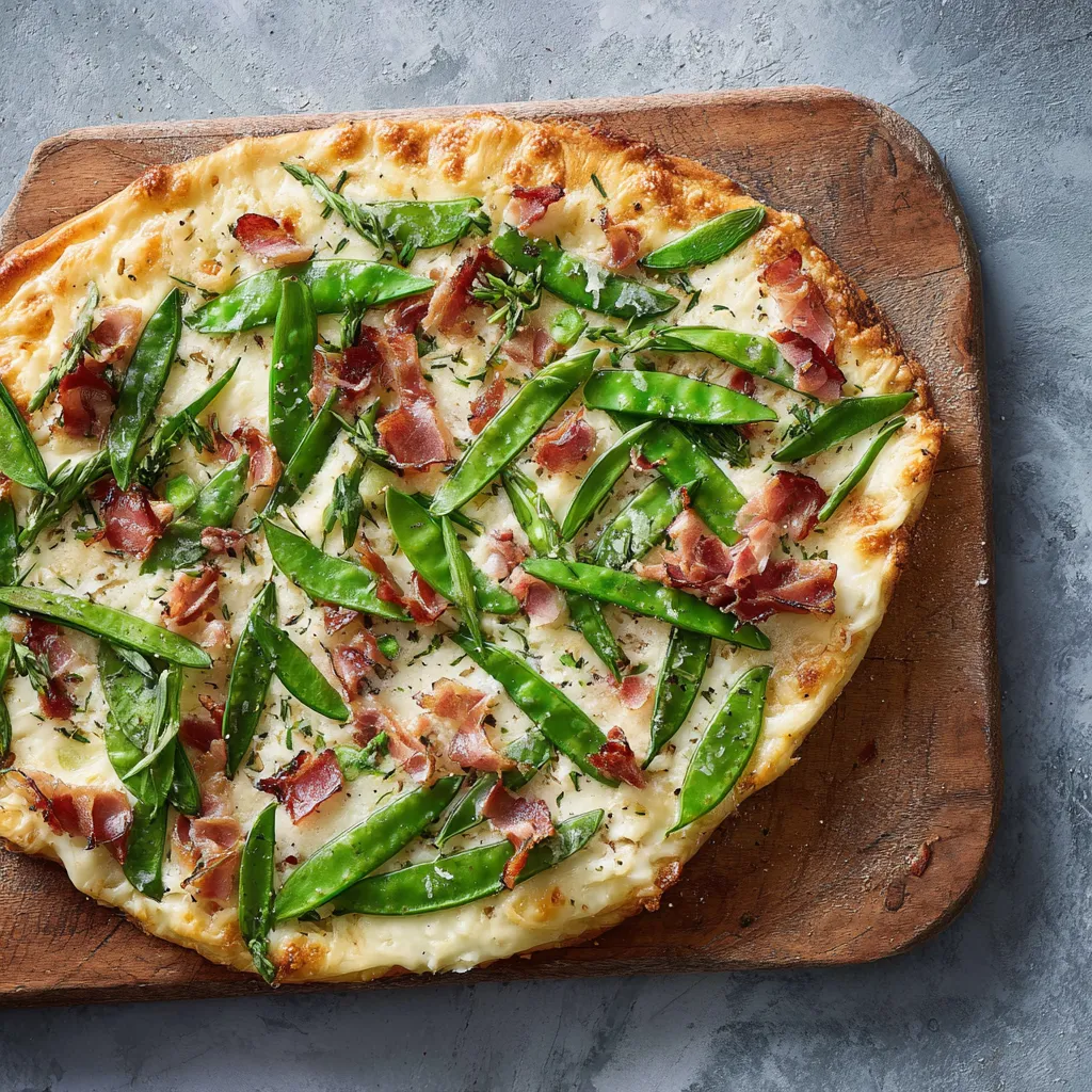 Eine pizza mit grünen Bohnen und Rindfleisch auf einem Brett.