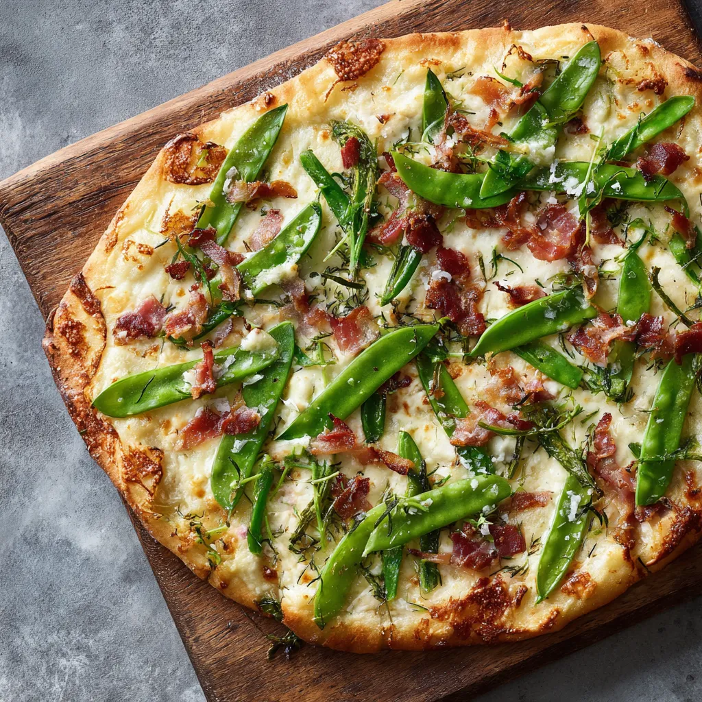 Eine pizza mit grünen Bohnen, Bacon und Käse auf einem Holzblock.