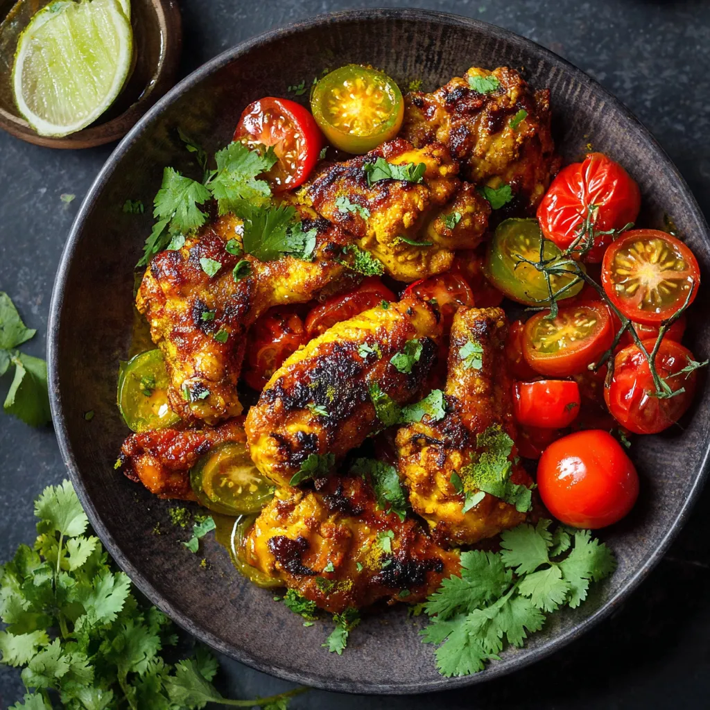 Ein Schüssel mit Chicken, Tomaten, Paprika und Zwiebeln.