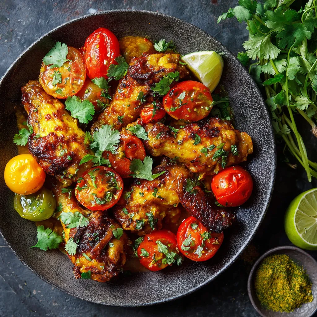 Ein Schüssel mit frisch zubereiteten Chicken-Stir-Fry, der mit Tomaten, Zwiebeln, Knoblauch und Chilischoten garniert ist.