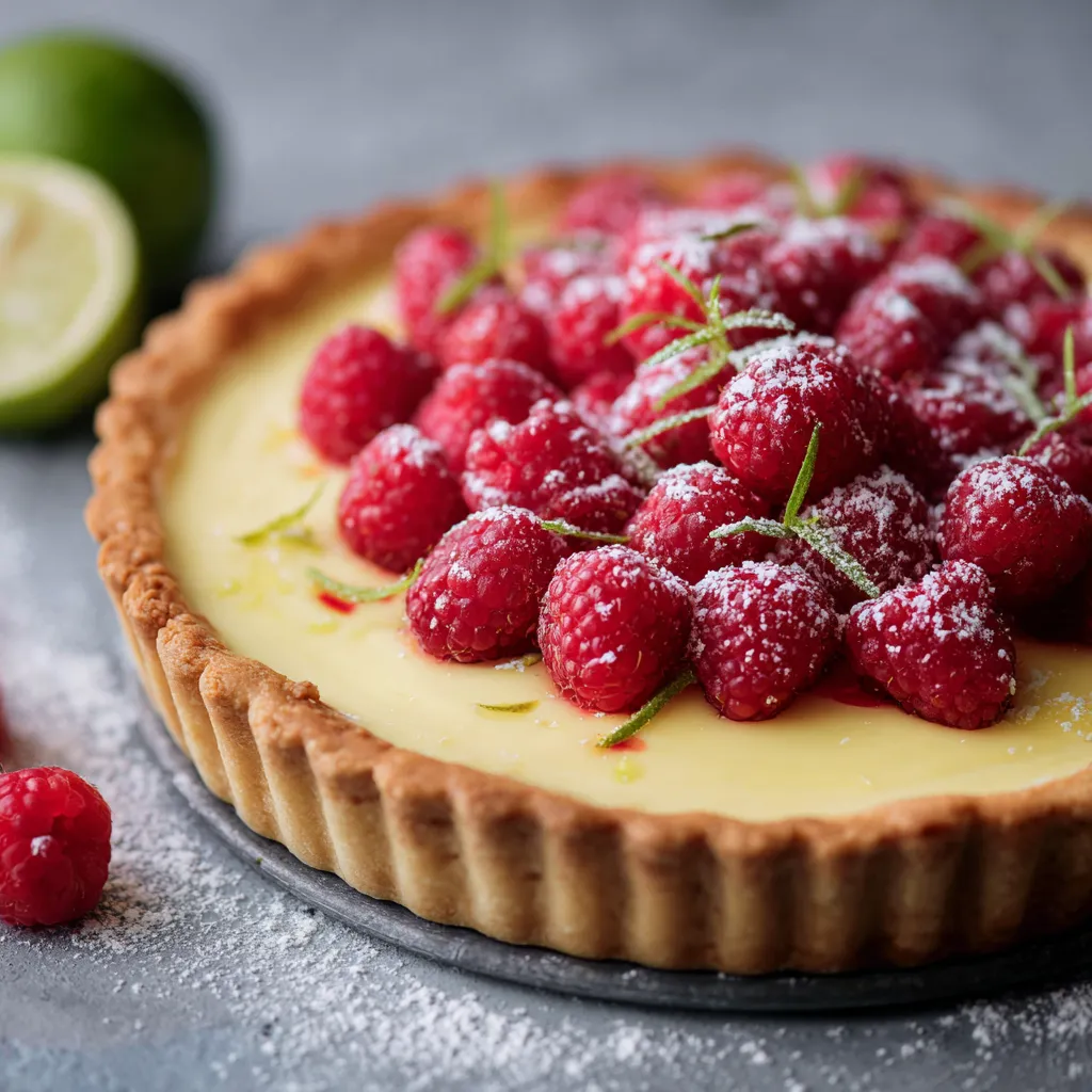 Eine Raspberry-Tarte mit frischem Raspberry-Saft und Zitrusfrüchten.