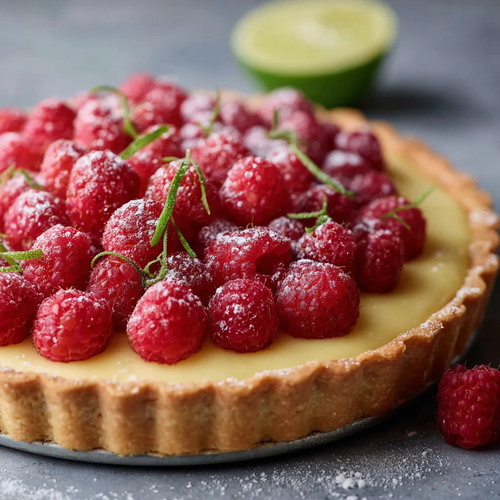 Eine Raspberry-Tarte mit frischen Raspberries und Zitrone.