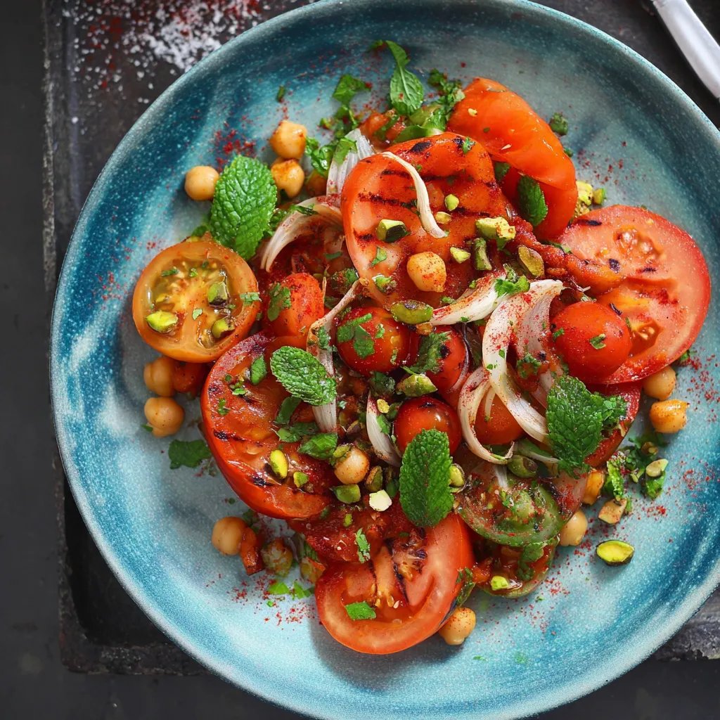 Ein blaues Plate mit einer Mischung aus Tomaten, Chickpeas, Onions, Mint und anderen Zutaten.
