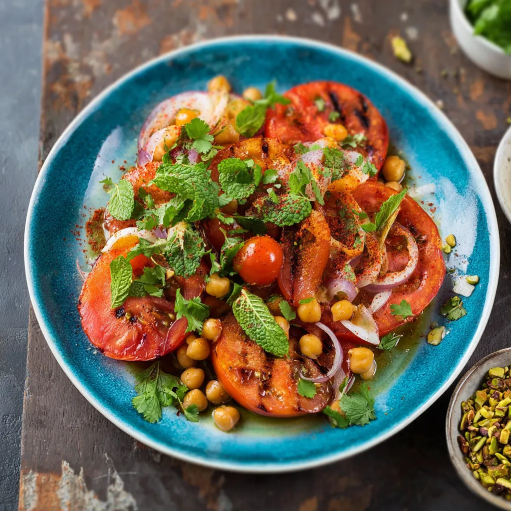 Ein Plate mit frischem Gemüse, darunter Tomaten, Chickpeas und Basilikum.