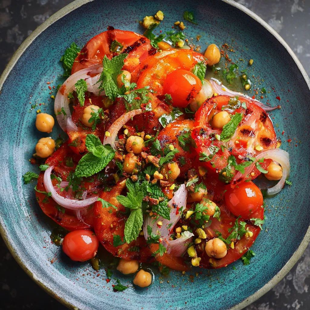 Ein grüner Teller mit einer Mischung aus Tomaten, Chickpeas, Onions, Mint und anderen Zutaten.
