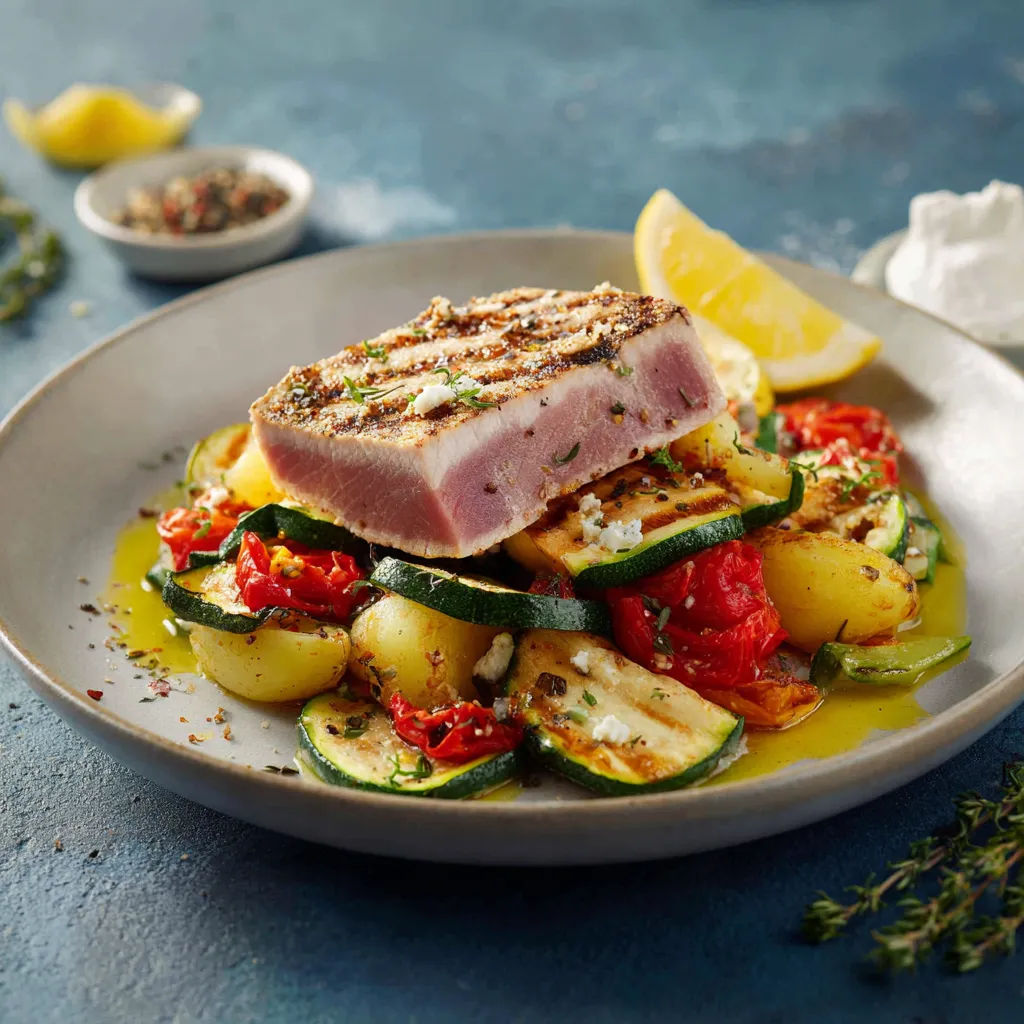 Eine Platte mit frischem Salat und gegrilltem Fisch.