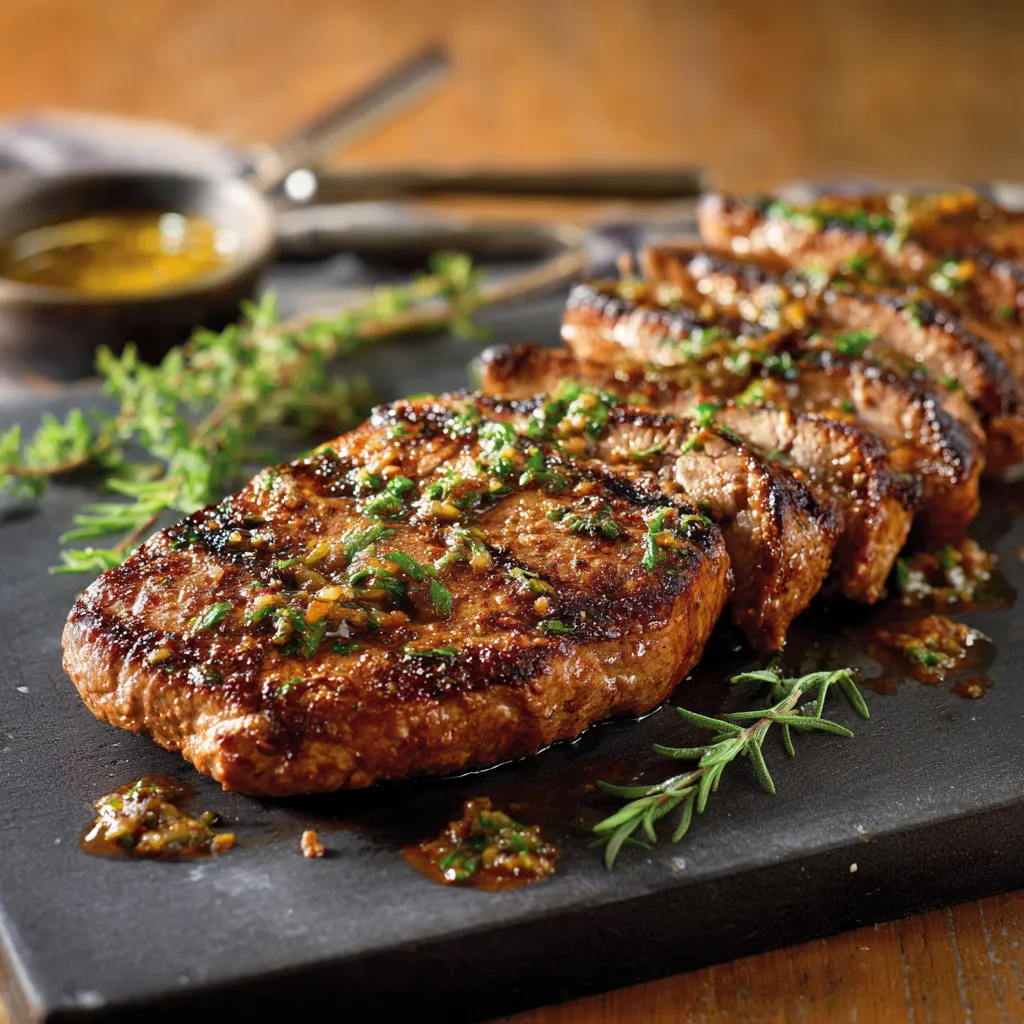 Eine Tafel mit gegrilltem Fleisch auf einem schwarzen Tisch.