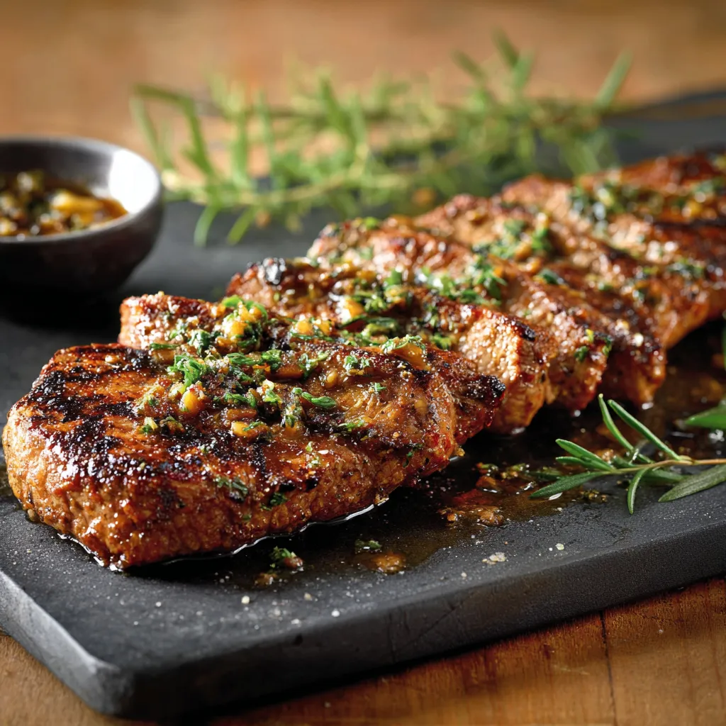 Eine Tafel mit gegrilltem Fleisch, das mit Gewürzen und Kräutern zubereitet wurde.