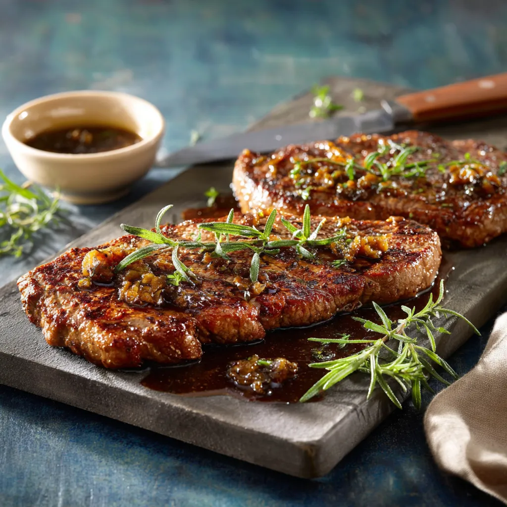 Zwei steak-artige Stücke auf einem Tisch, die mit Gewürzen und Sauce garniert sind.