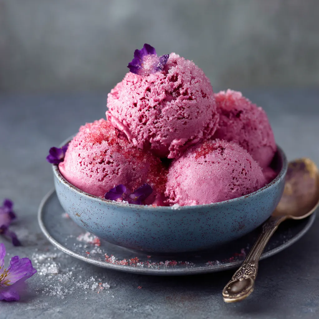 Ein Glas mit Pink-Eiscreme, die mit Purpurblumen besetzt ist.