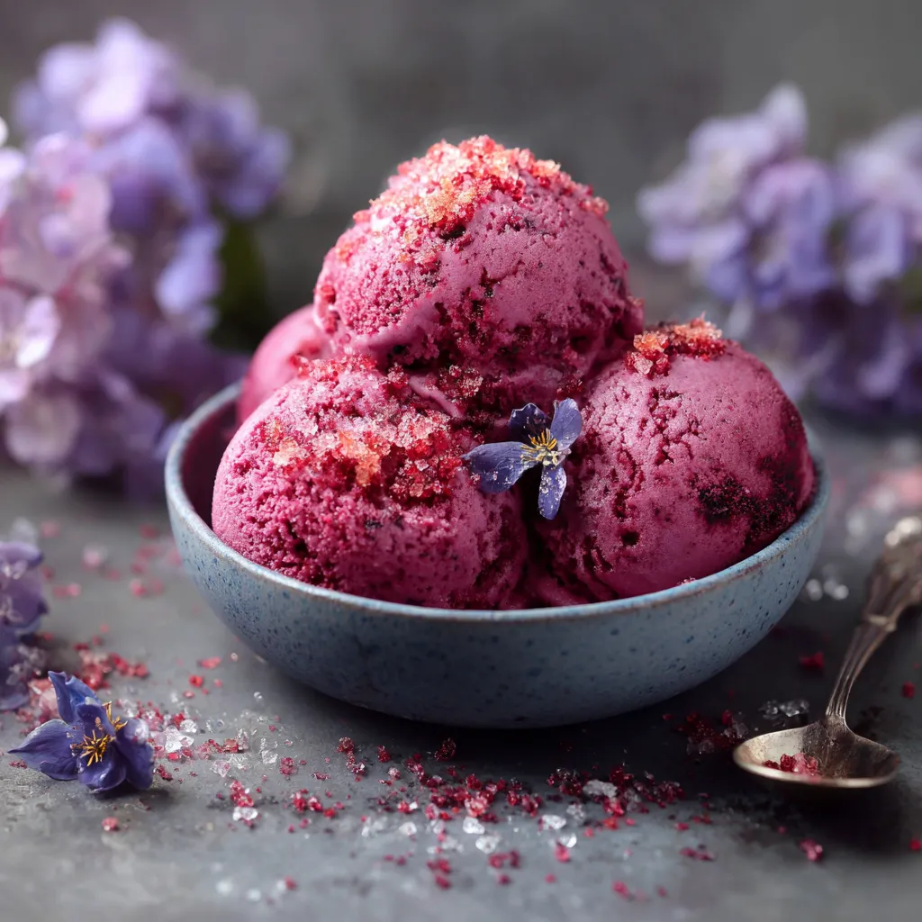 Ein Glas mit Purpur-Eiscreme, die mit Sandkörnchen und Blumen geschmückt ist.