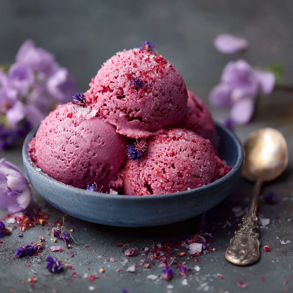 Ein Bowl mit Pink-Eiscreme, die mit Blumen und einem Löffel garniert ist.
