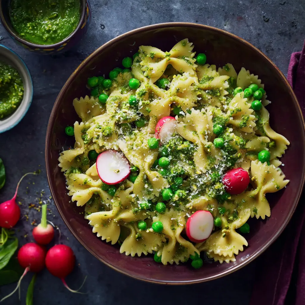 Ein großer, dunkelroter Teller mit Pasta, Peas, Tomaten, Zwiebeln und Basilikum.