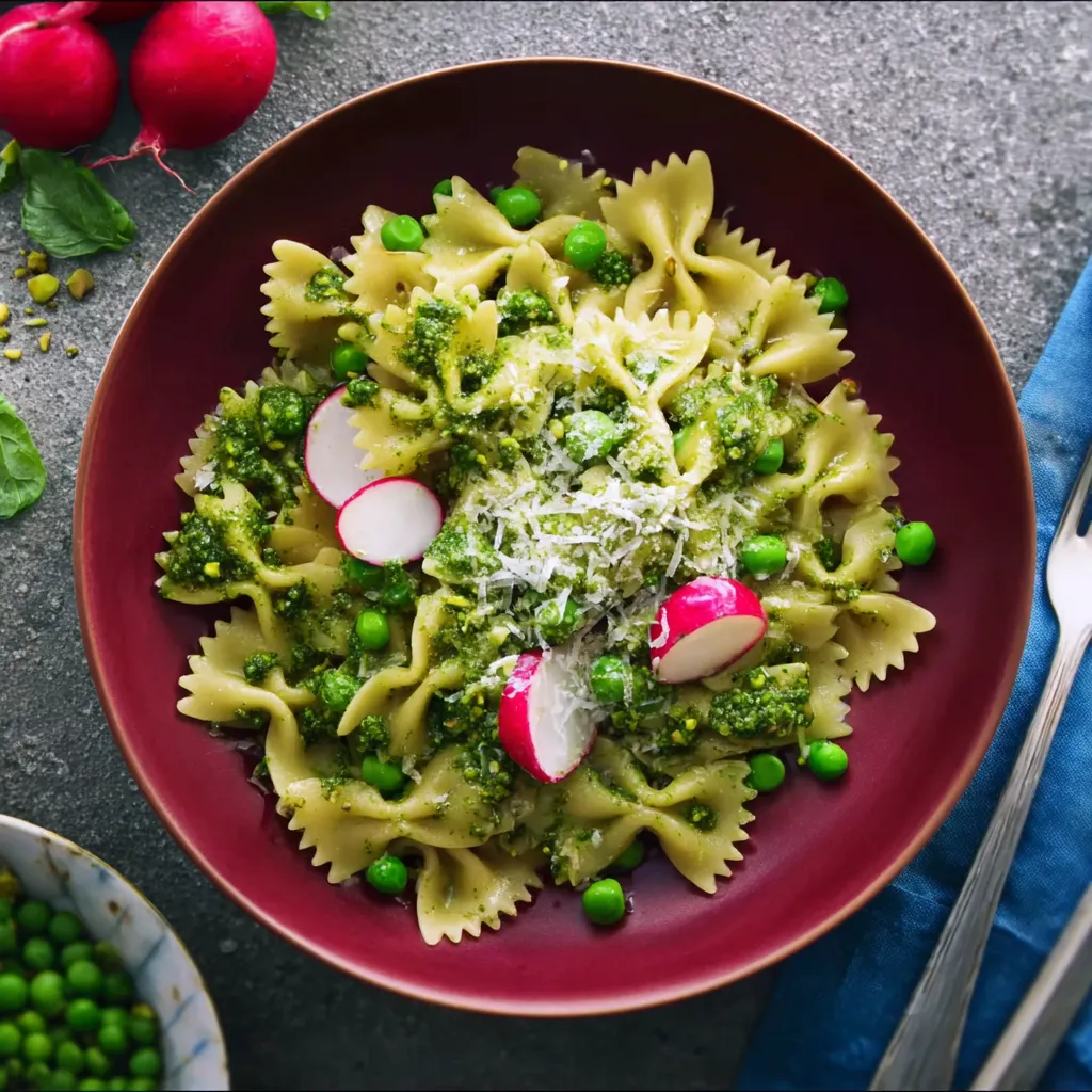 Ein rotes Teller mit Pasta, Peas, Radishes, Pinenuts und Spinach.