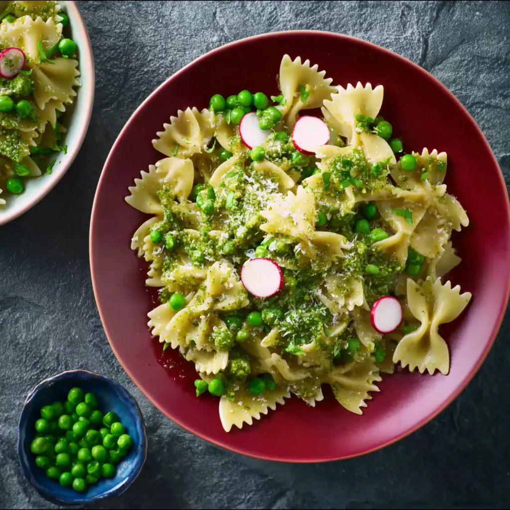 Ein rotes Plate mit Pasta, Peas, Radishes und Zwiebeln.