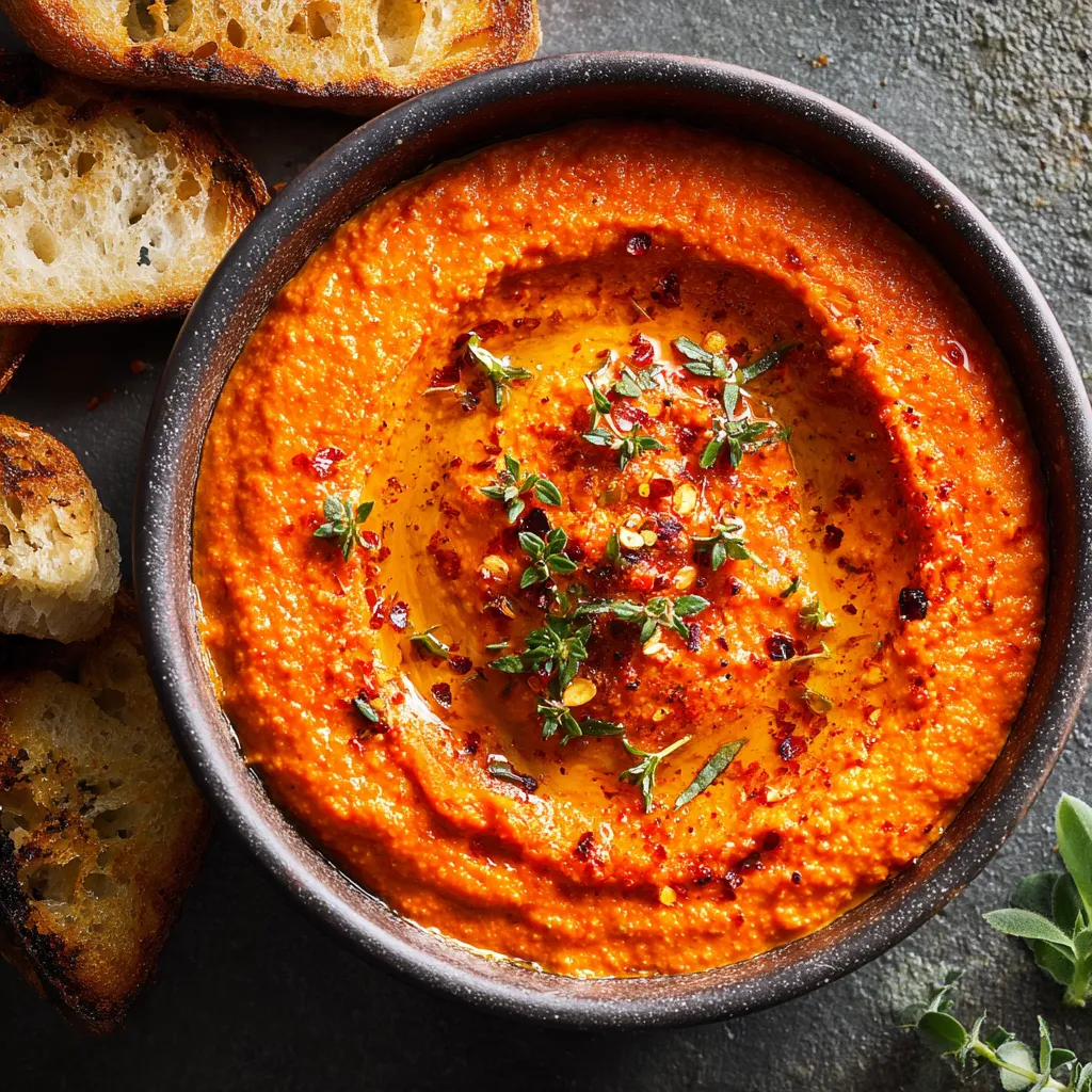 Ein Schalen mit einer roten Sauce, die mit Zwiebeln und Paprika garniert ist.