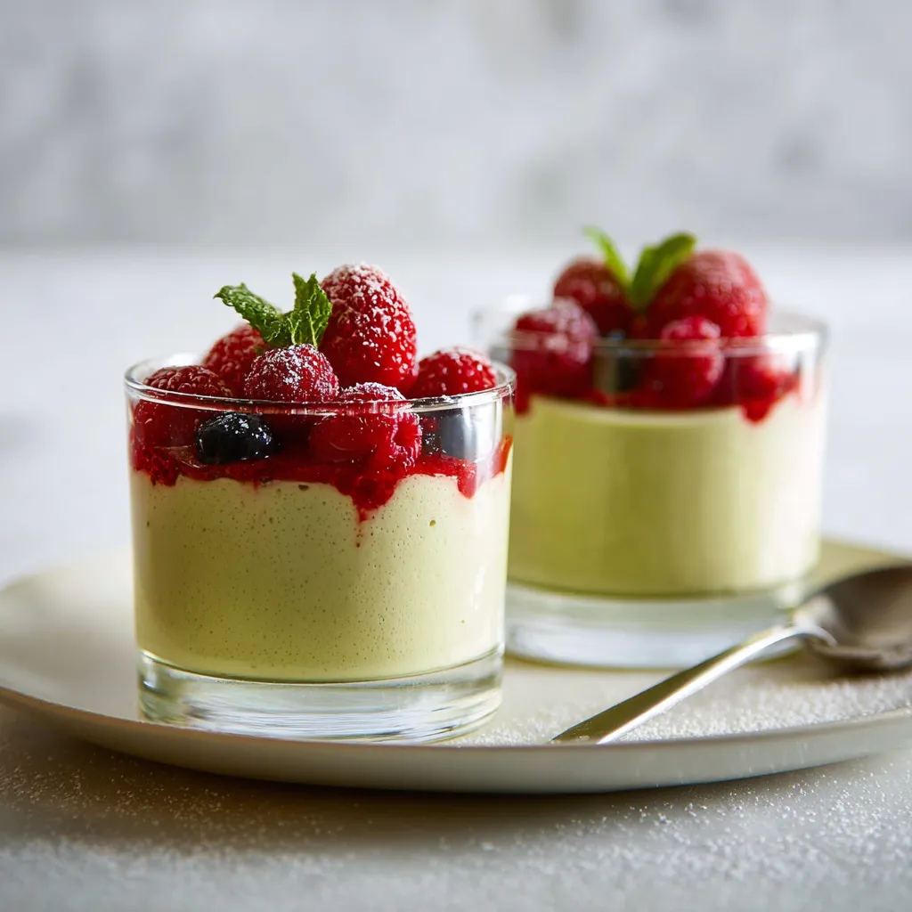 Zwei kleine Glas mit Raspberry-Creme auf einem Teller.