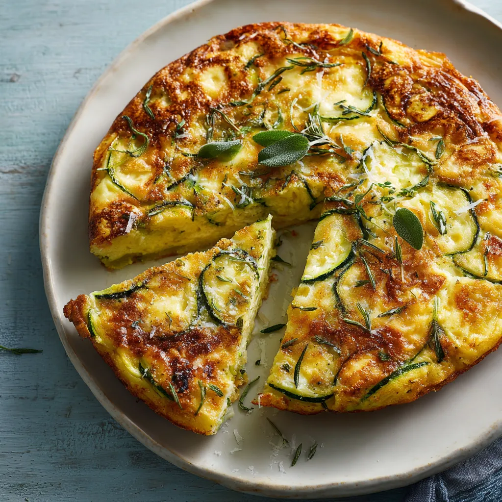 Ein Stück Zucchini-Eier-Käse-Quiche auf einem weißen Teller.