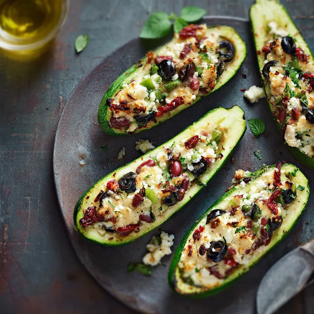 Eine Platte mit sechs Zucchini-Streifen, die mit Zwiebeln und Oliven garniert sind.