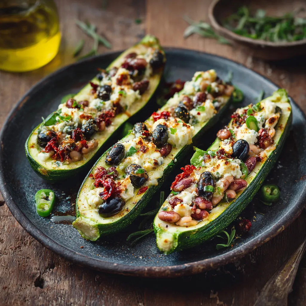 Eine Platte mit zwei Zucchini, die mit Rindern, Oliven und Beans gespickt sind.