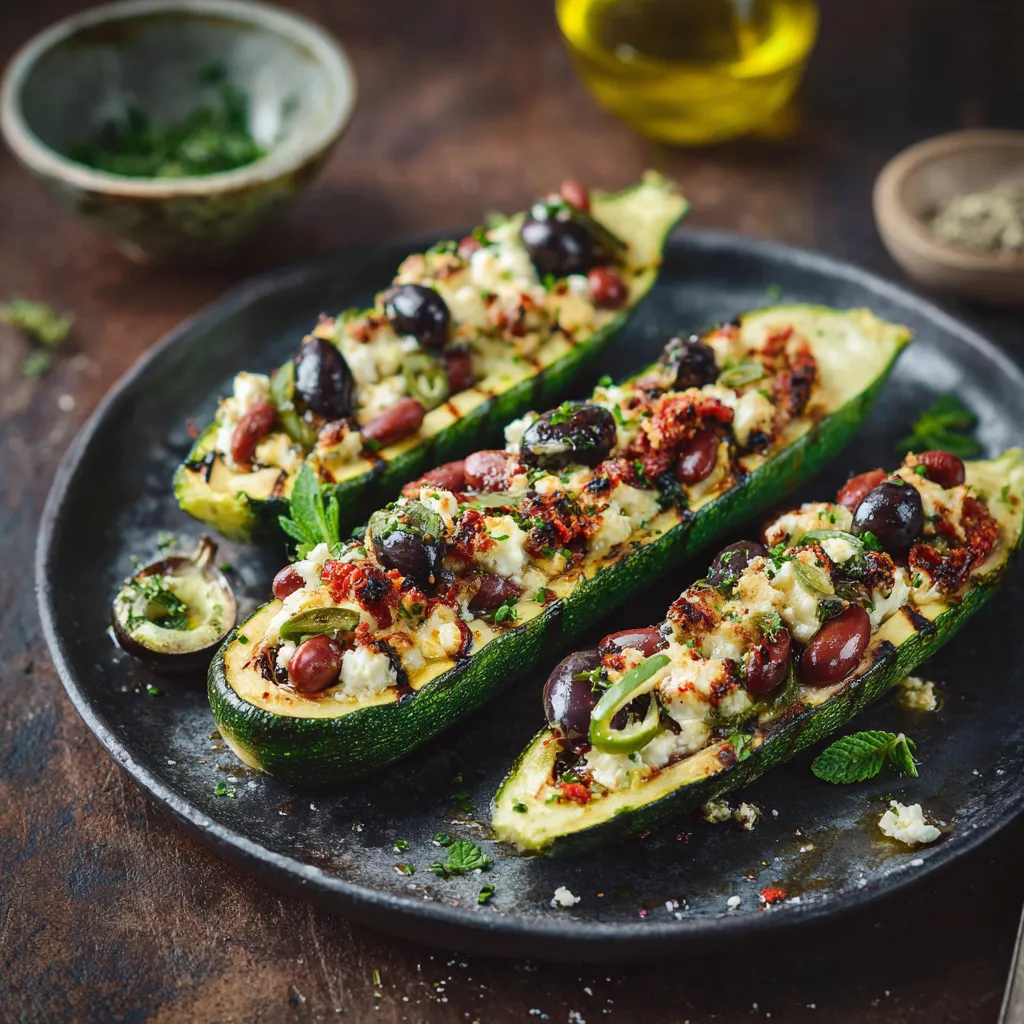 Zwei Zucchini mit Oliven und Käse auf einem Teller.