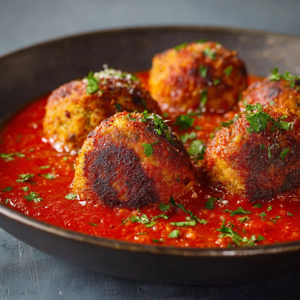Ein Schalen mit einer Sauce, die mit kleinen, frittierten Fleischballen gefüllt ist.