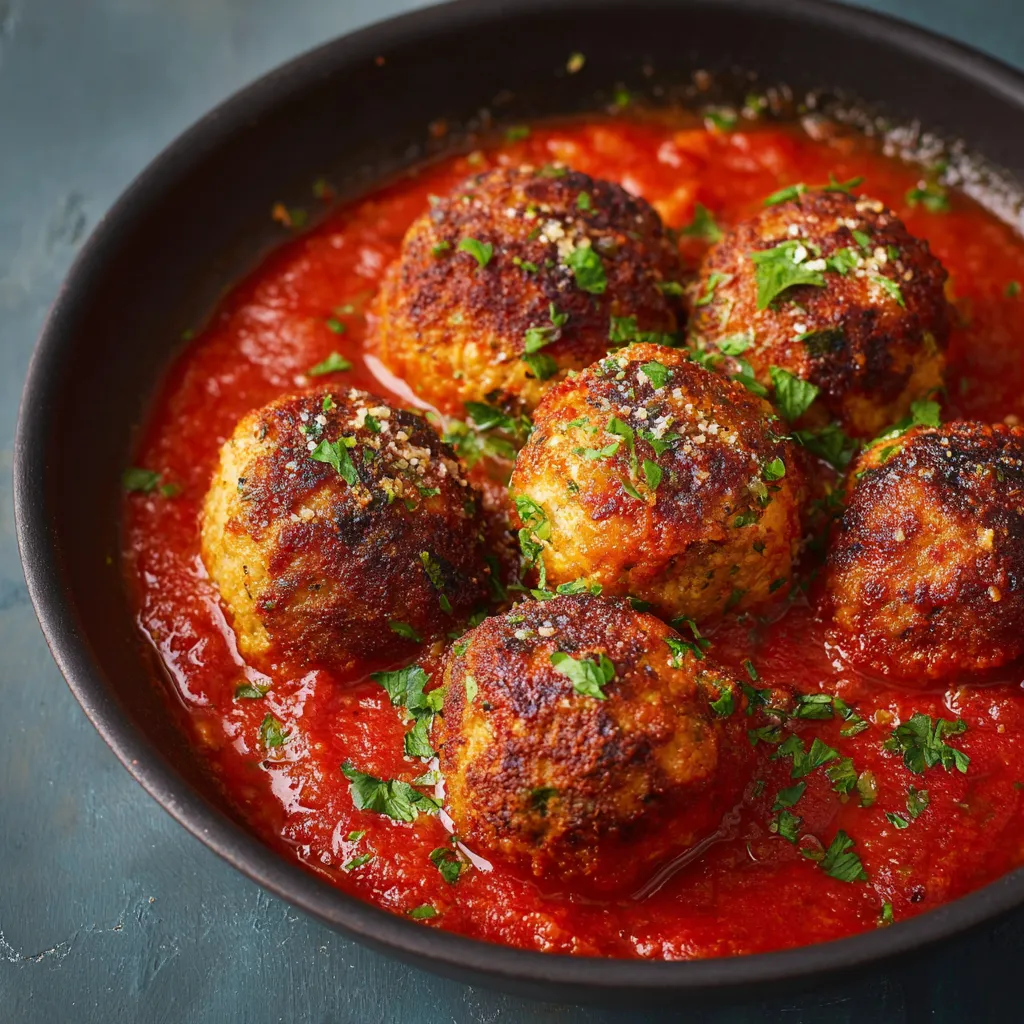Ein schwarzes Teller mit einer Sauce, die mit grünen Zutaten und gerösteten Fleischballen gefüllt ist.