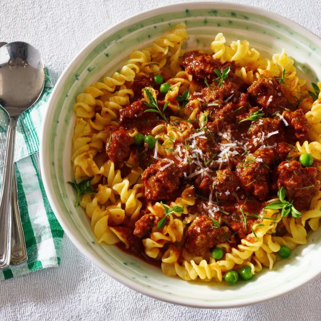 Ein weißer Teller mit einer Pasta-Nudelsuppe, die mit Pasta, Käse, Peas und Wurst garniert ist.
