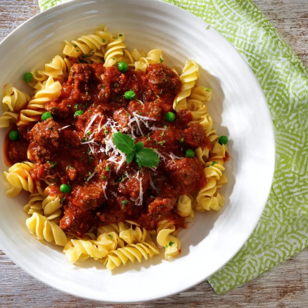Ein weißer Teller mit Pasta, Bolognese-Sauce und Peas.