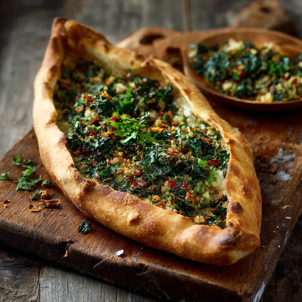Ein prägnantes Bild von einer grünen Pita mit Zwiebeln und Zwiebeln auf einem Holzbrett.