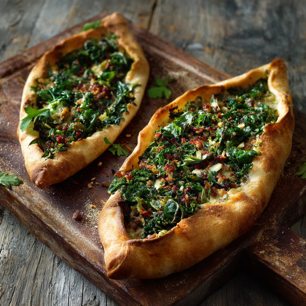 Zwei grüne Pizzas auf einem Brett.