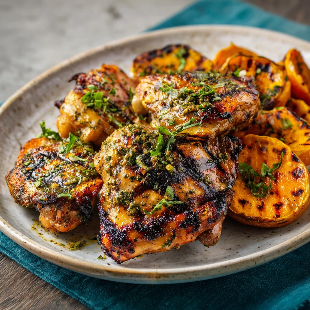 Ein Plate mit gegrilltem Chicken und roten Paprika.
