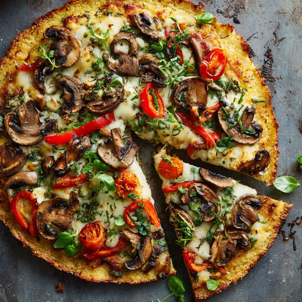 Eine pizza mit mushrooms, tomaten, spinach und mozzarella.
