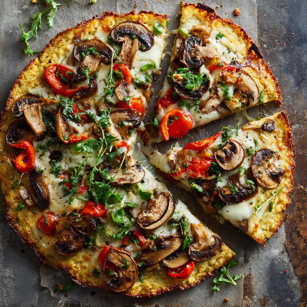 Eine pizza mit mushrooms, tomaten und spinat auf einem Teller.