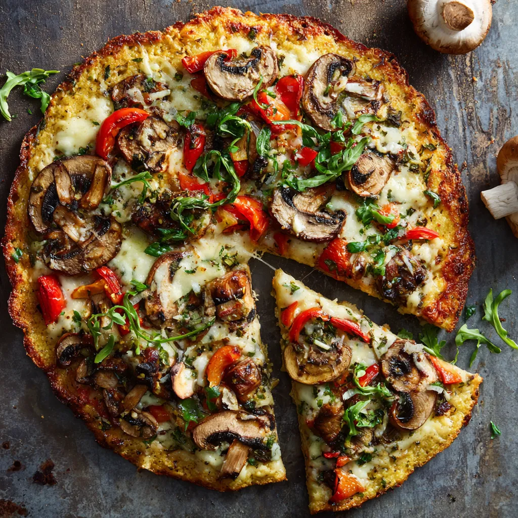 Eine pizza mit mushrooms, tomaten und spinach auf einem Tisch.
