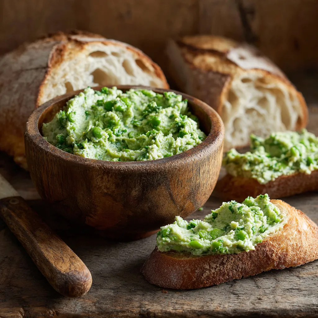 Ein Holzschälchen mit einer cremigen Substanz darin, die als Brot-Ersatz verwendet werden kann. Es gibt auch eine Scheibe Brot und eine Scheibe Käse in der Nähe.