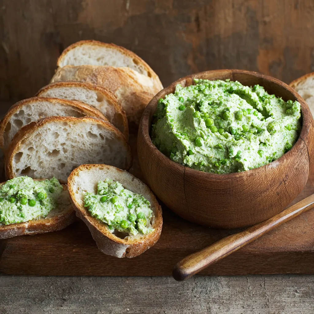 Ein Holzplatter mit einer Schüssel, die eine Mischung aus Brot und Peas enthält.