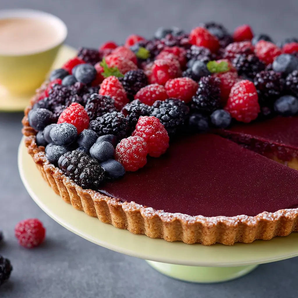 Eine Tasse mit einer Schokoladenseite und einer Schokoladenseite mit Raspberrys und Blaubeeren.