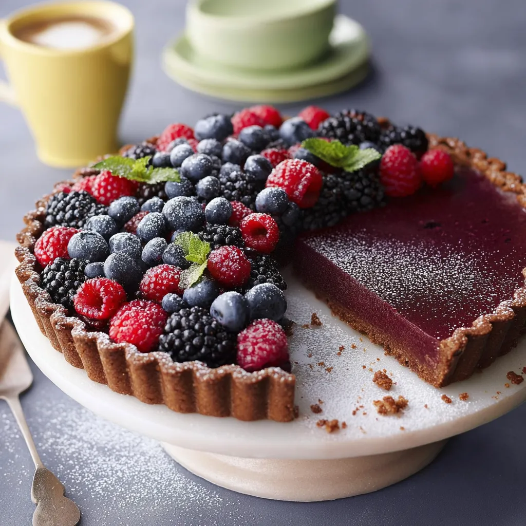 Eine Tasse mit Kaffee und ein Stücktarte mit Beeren und Raspberrys.