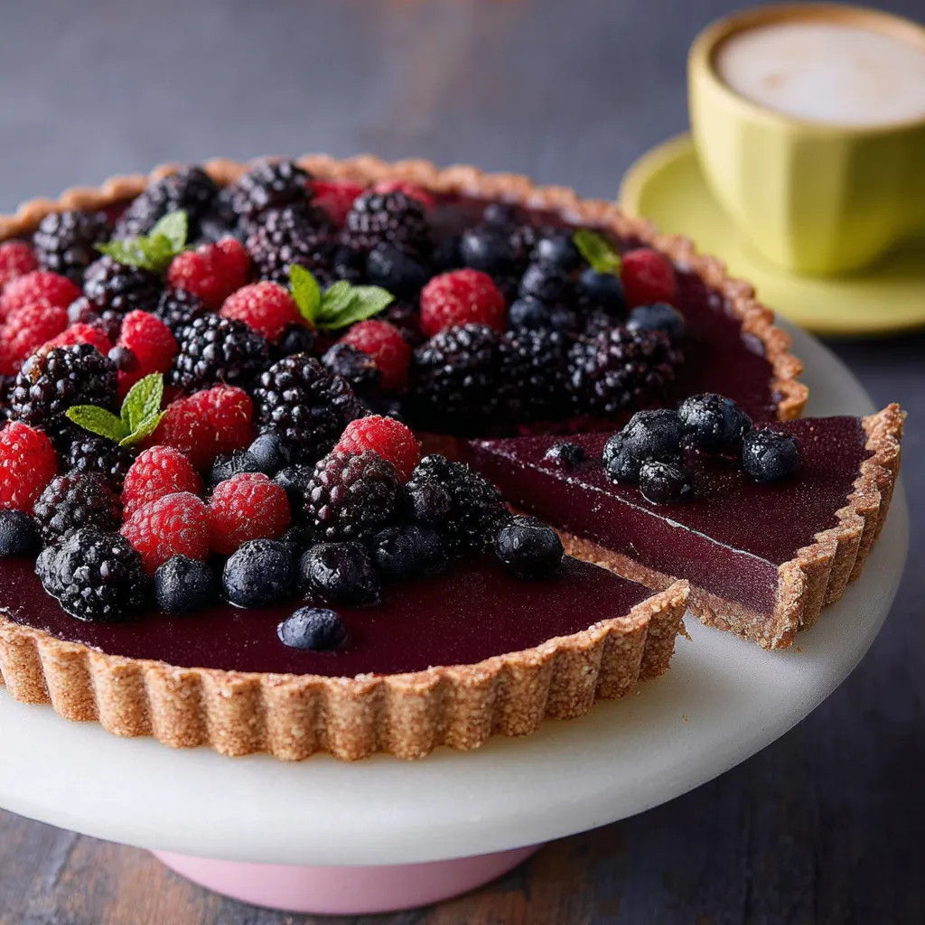 Eine Tasse Kaffee mit einem Becher und einer Tasse mit einem Stück Kuchen, der mit Raspberry, Blaubeere und Brombeere garniert ist.