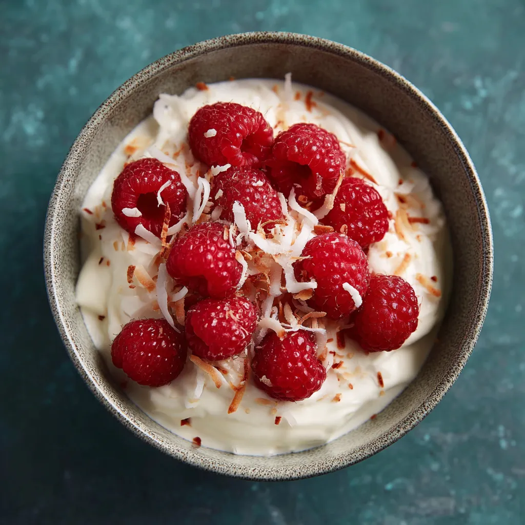 Ein Glas mit Raspberry-Creme, die mit Raspberry-Fruchtglas und Coconut-Fruchtglas garniert ist.