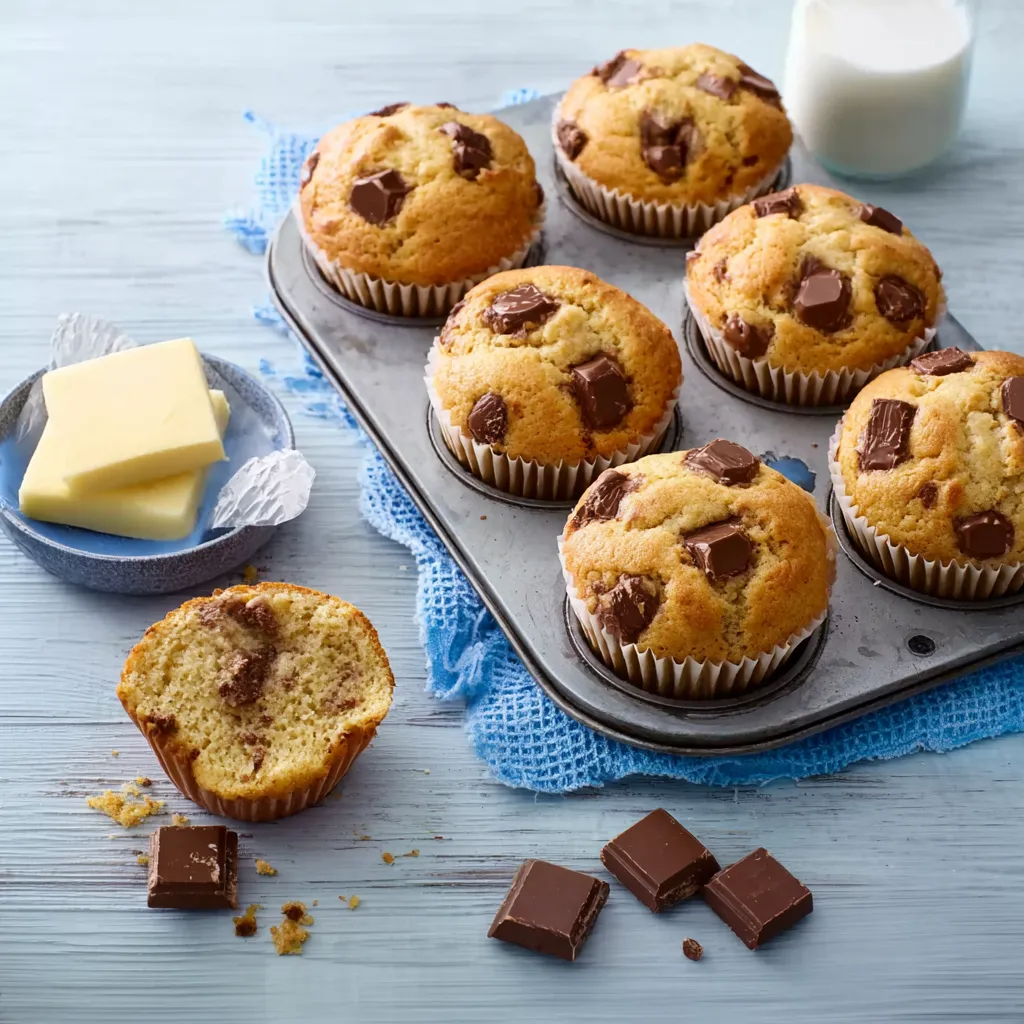 Eine Tasse mit Butter und ein Tray mit Chocolate-Muffins.