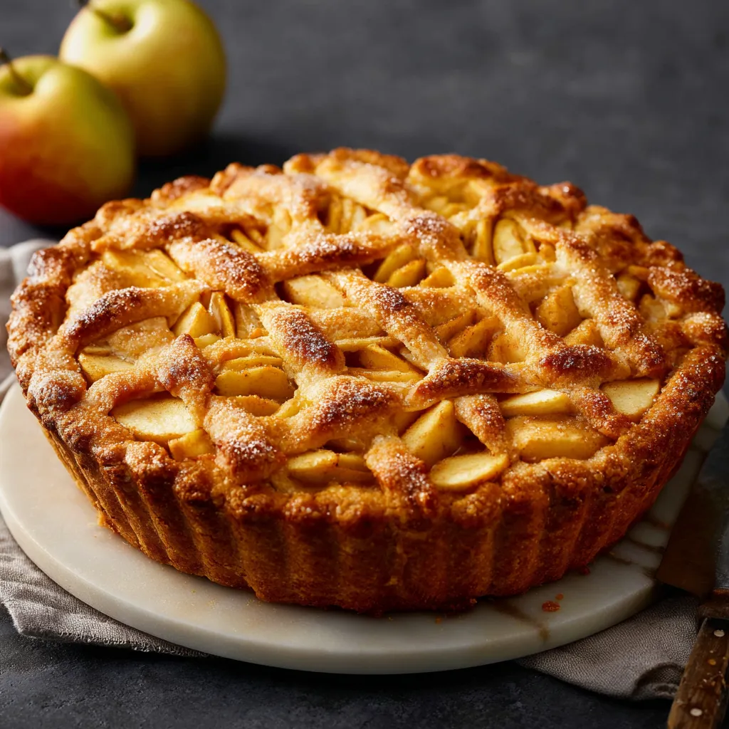 Ein Kuchen mit einer Kugelform und einer Schicht aus Apfel und Zucker auf einem weißen Platter.