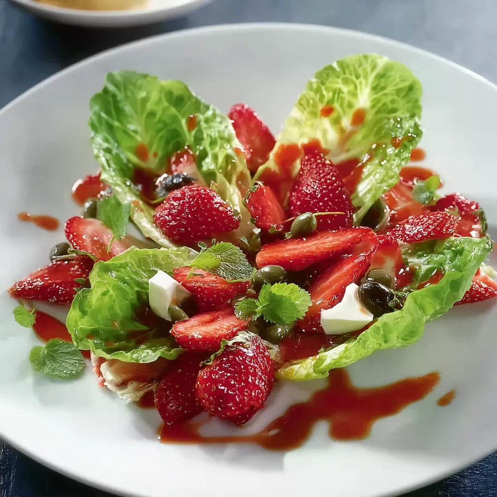 Eine Platte mit frischem Salat, Strawberries und Oliven.