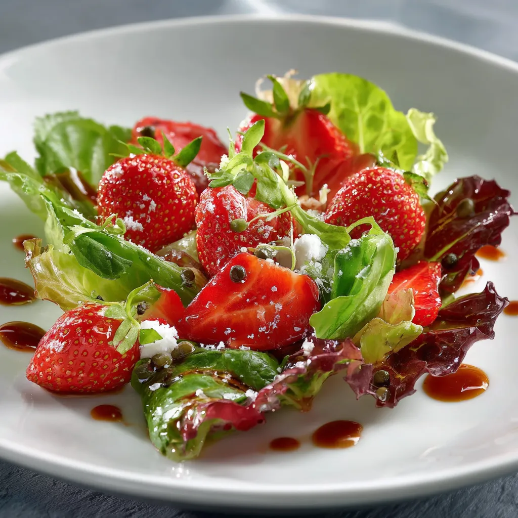 Ein weißer Teller mit einer Salatgarnitur, die aus Strawberries, Lettuce und anderen Zutaten besteht.