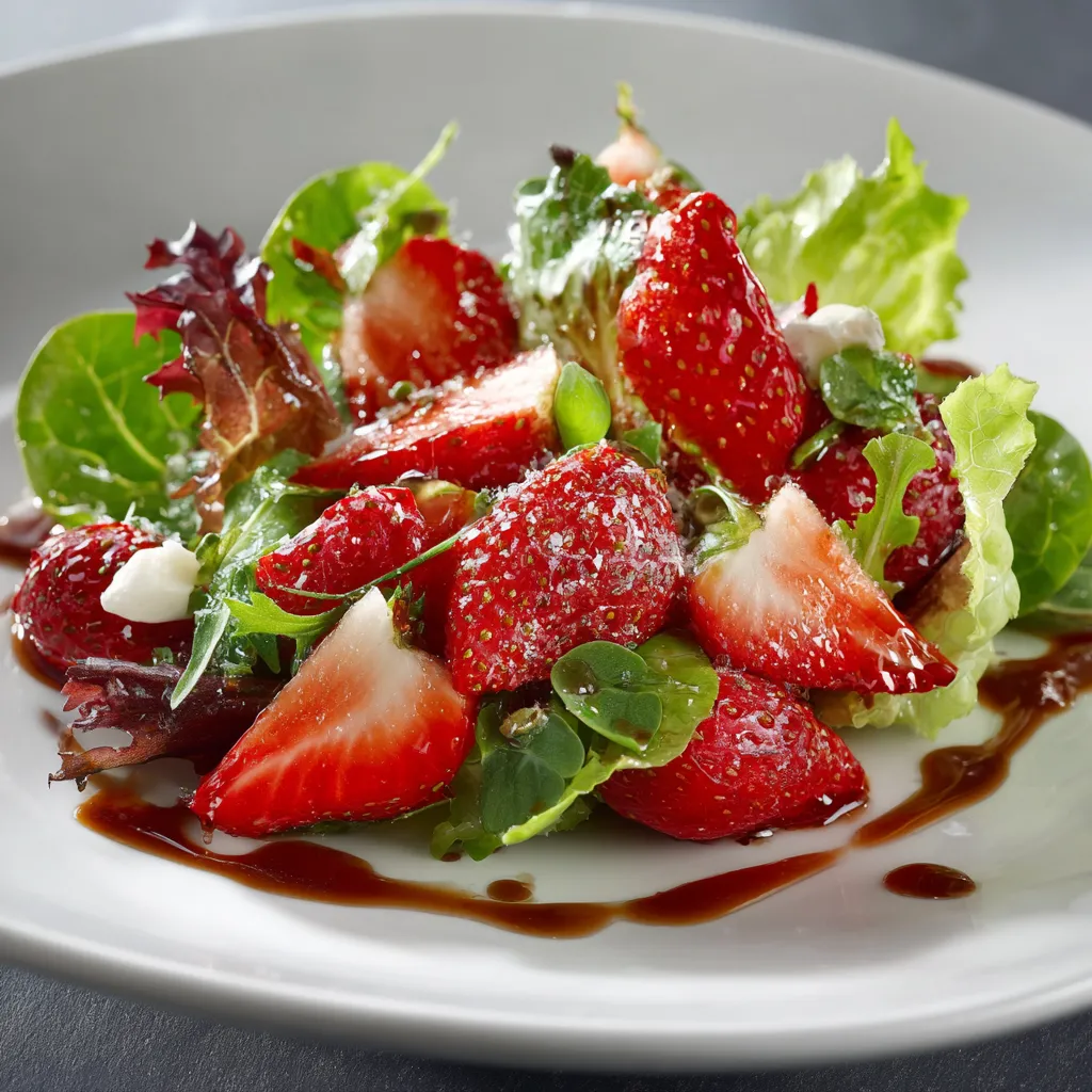 Ein weißer Teller mit einer Salatgarnitur, die aus Strawberries, Lettuce und anderen Zutaten besteht.